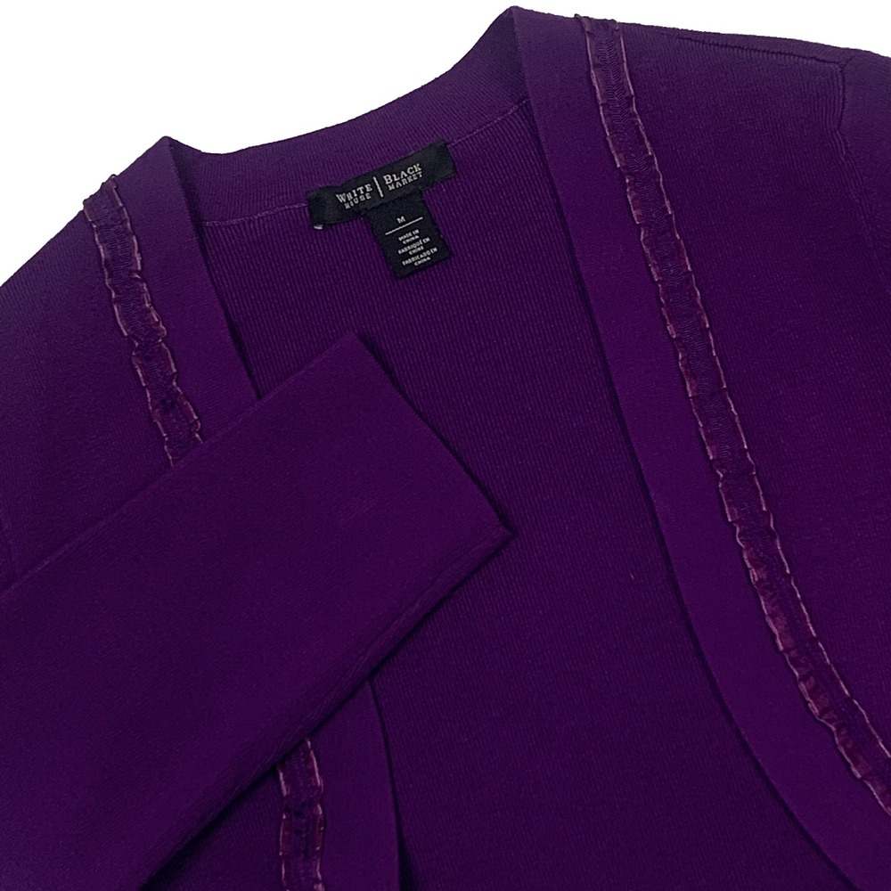 White House Black Market Purple Crop Cardigan M 3/4 Sleeve Open Front Ruffle